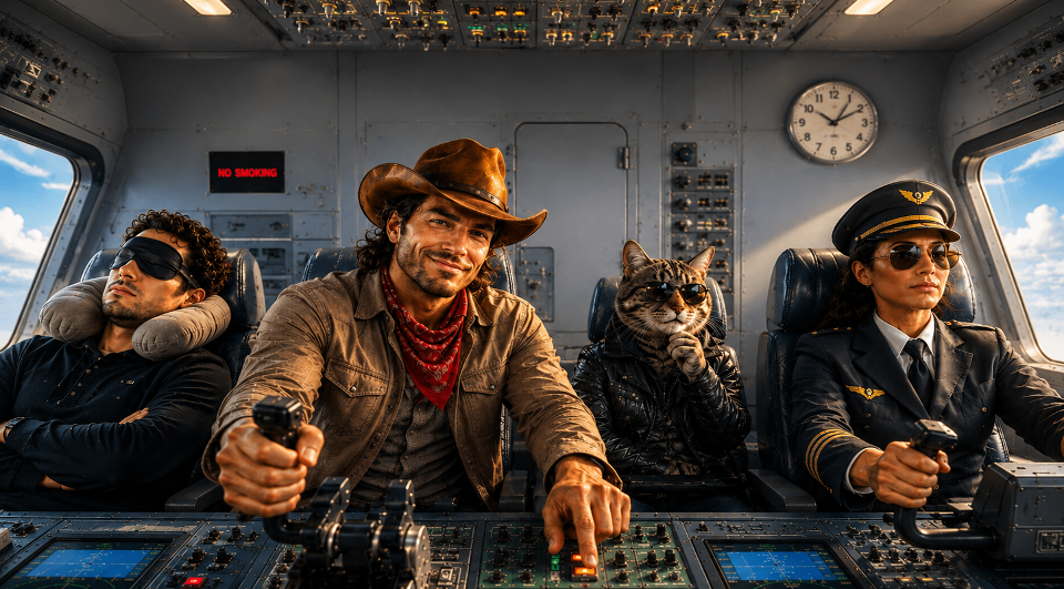 Cockpit met vier personages: een slapende man met oogmasker, een cowboy aan de knoppen, een kat met zonnebril en een piloot